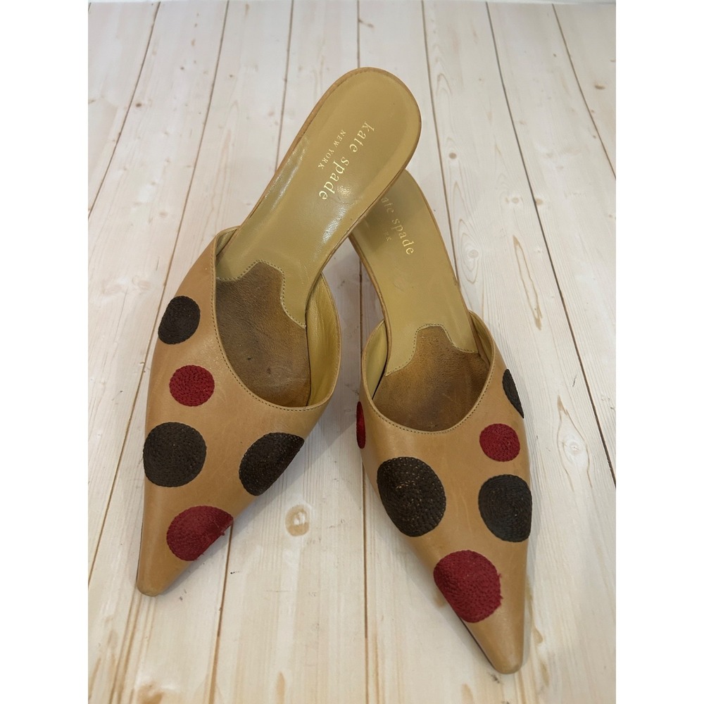 Kate Spade Vintage Mules Size 7B Brown W/ Gree & Red Polka Dots